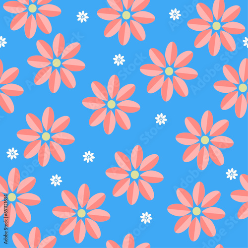 A seamless pattern with simple adorable coral flowers and smaller white ones on a delicate blue background. Vector graphics for fabric or wallpaper