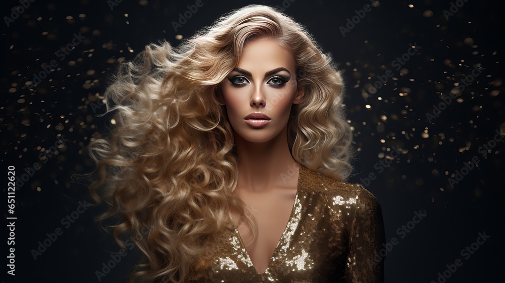 Model wearing a golden dress. Fashion Blonde Woman with Gorgeous Makeup and Curly Hairstyle in Sequin Party Gown on Dark Gray Background
