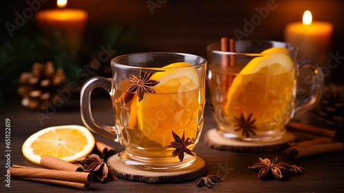 Close-up of mulled cider in glass cups with sliced apples, cinnamon, cloves, anise seeds, and citrus fruits. Delicious, old-fashioned hot beverage