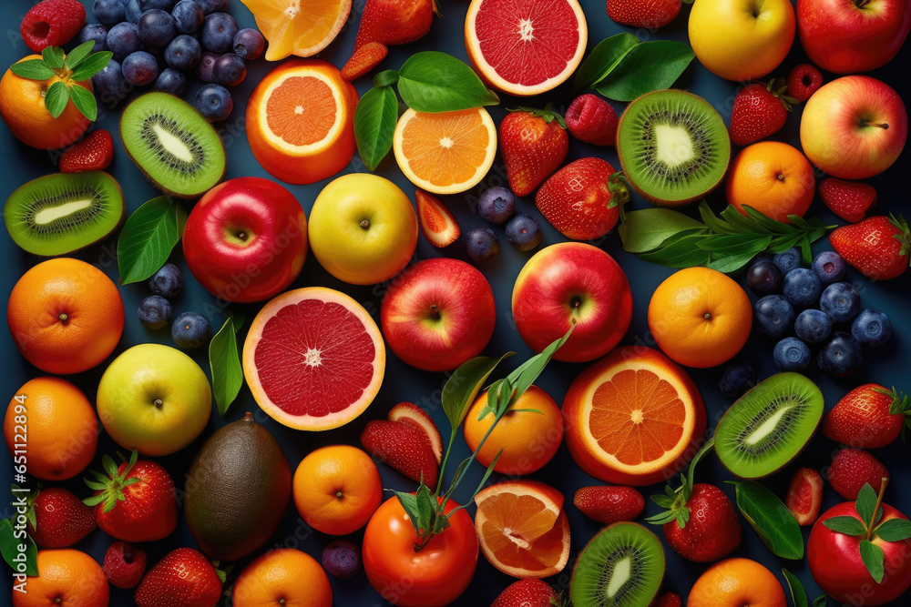 Creative flat lay composition of various fruits, Generative AI Creative flat lay composition of various fruits, Generative AI