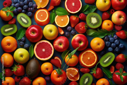 Creative flat lay composition of various fruits, Generative AI