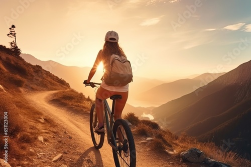 Back view of a sporty girl rides a bicycle on a dusty road. Healthy lifestyle concept. Female cyclist on a dusty mountain road. Sports training in the mountains.