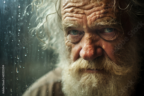 Close up photography of elderly homeless man with disheveled appearance beard dirty clothes seeking aid on street generative ai