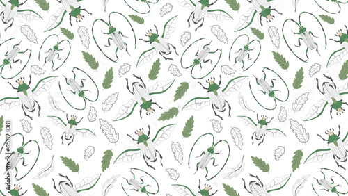 Seamless pattern with the image of beetles and leaves. Vector illustration
