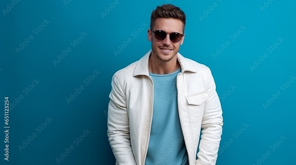 Portrait of a handsome, happy, stylish, and gay model. Man wearing jeans and a jacket. Fashionable man posing in sunglasses in front of a blue wall in a studio