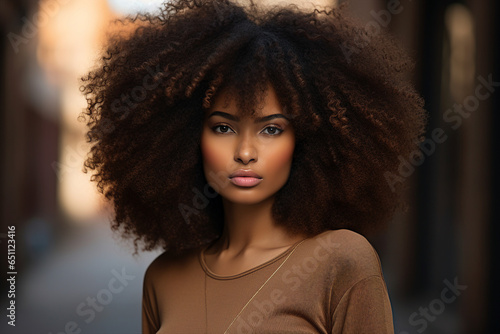 Beautiful young african girl with nice wavy hairdo walking in the evening city generative AI photo