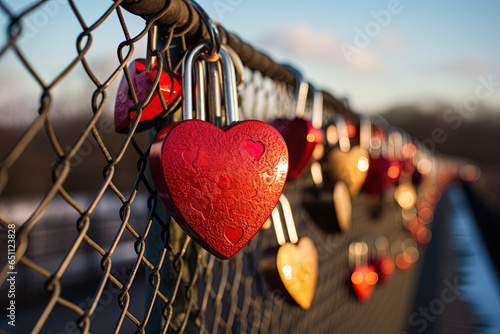 Padlock in shape of a heart on a fence among many other padlocks. Valentines Day, love and relationship concept. Generative Ai
