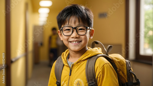 Close-up portrait of an asian boy with backpack and glasses, smiling and happy, against a school yellow background. Back to school concept generative ai