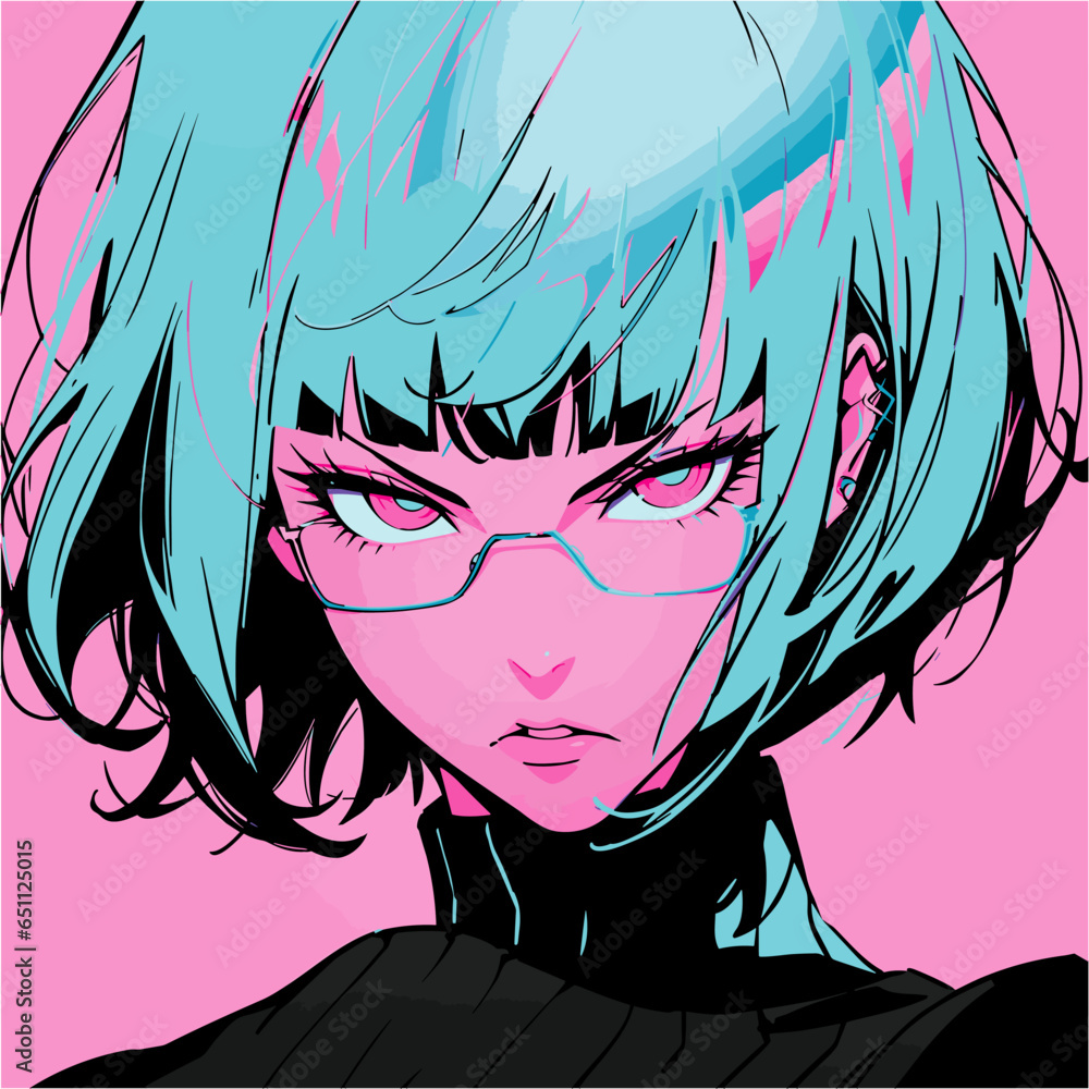 Fototapeta premium Short haired woman in pop art anime style. Vector illustration for poster, cover, t-shirt print.