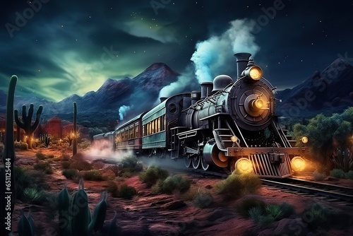 Railroad with steam train in wild west