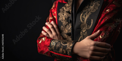 Man in luxury red  black gold jacket at night Party. Showman in Golden Suit, close up. Show, Men's Christmas fashion look. Abstract Festive Holiday Party Background © maxa0109