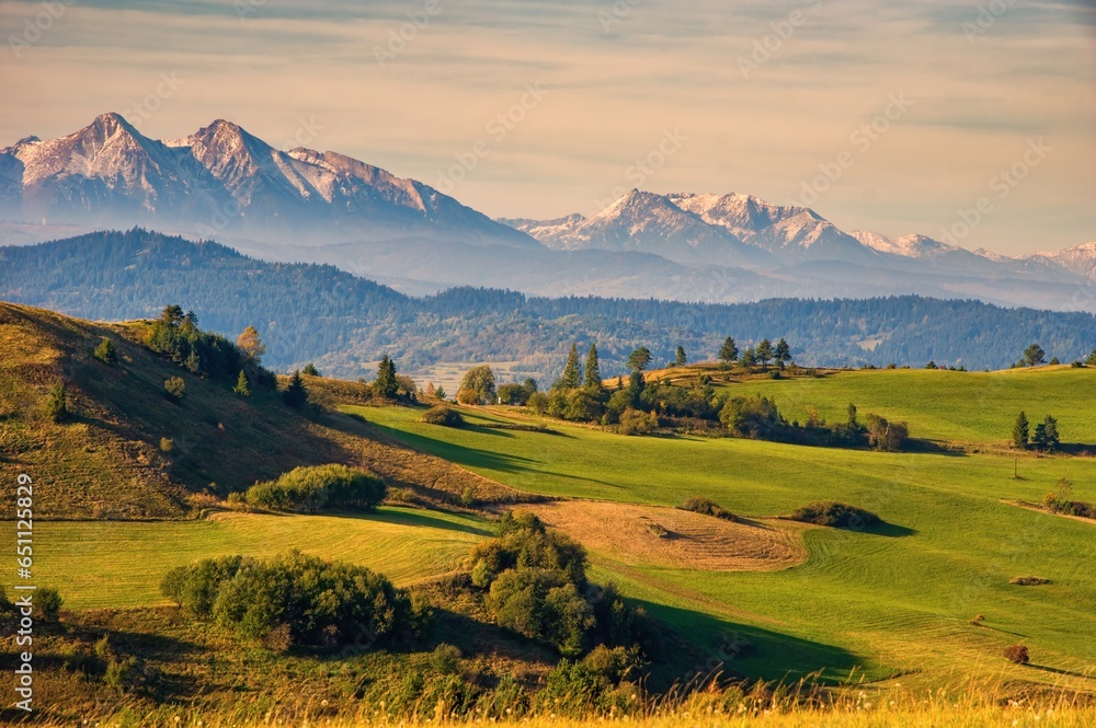 View with High Tatras in Pieniny. Summer mountain landscape in Slovakia. Slovakia and Poland countryside - obrazy, fototapety, plakaty 