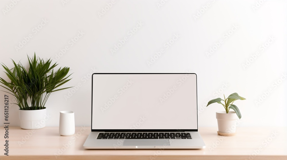 Fototapeta premium Minimal modern room with plants laptop device blank screen on table mockup, ai generated