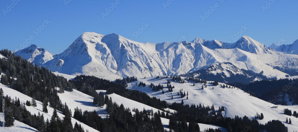 Snow covered mountains. View from Horneggli towards Lenk.