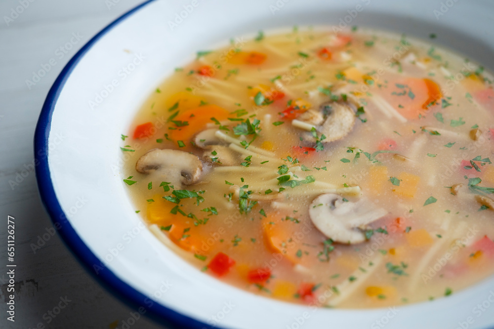 Vegetable soup with leeks, mushrooms, carrots, peppers and noodles. Vegetable soup with leeks, mushrooms, carrots, peppers and noodles.