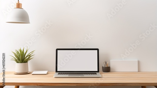 Minimal modern room with interior laptop device blank screen on table mockup, ai generated photo