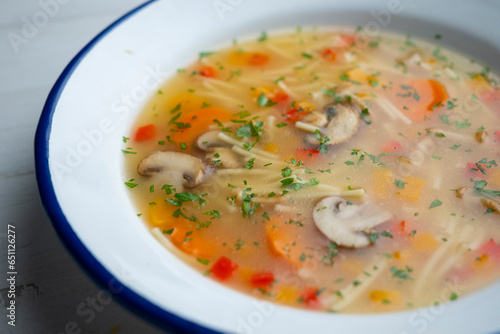 Vegetable soup with leeks, mushrooms, carrots, peppers and noodles.