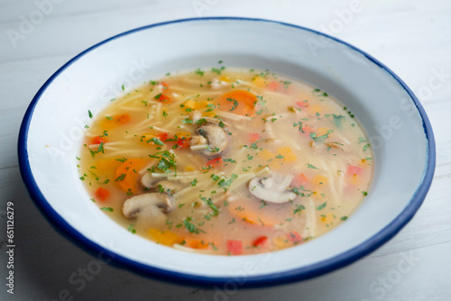 Vegetable soup with leeks, mushrooms, carrots, peppers and noodles.