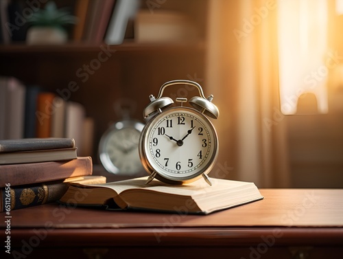 books and alarm clock on the table, ai generative