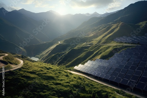 solar panels installed along picturesque hills absorb sunlight