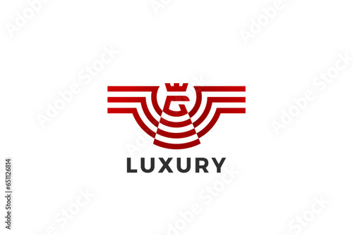 Falcon Logo Wings Geometric Heraldic Luxury Design Vector template. Falcon Hawk Bird with Crown Linear Outline Golden Logotype icon.