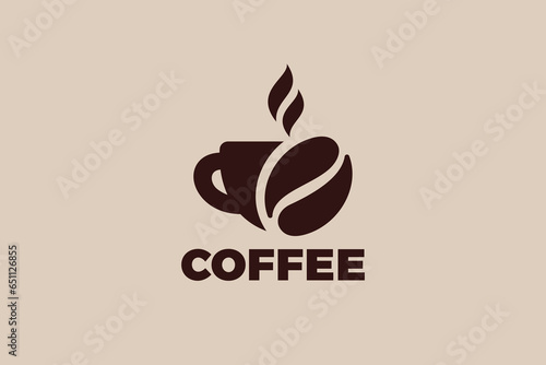 Coffee cup with Steam with Coffee Bean Logo Design vector template