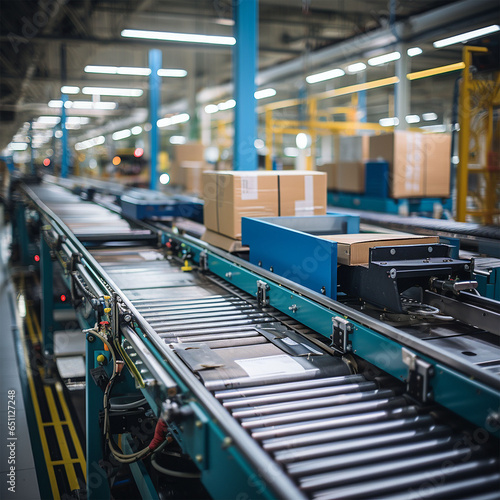 Box in the industrial production process in conveyor belt line, factory process, coveyor line, background are factory