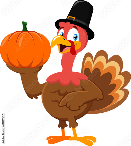 Cute Pilgrim Turkey Cartoon Character Holding A Pumpkin. Vector Illustration Flat Design Isolated On Transparent Background