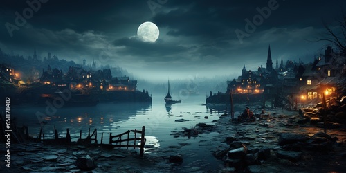 Dramatic nighttime photo of a polluted city over the river at night