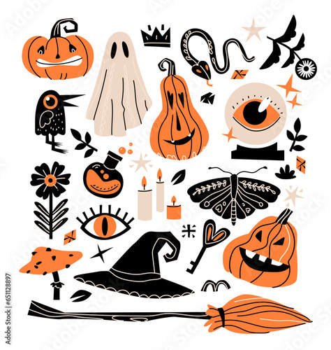 A mystical set for Halloween. Cute cartoon spooky characters. Hand drawn trendy vector illustration in folk style.