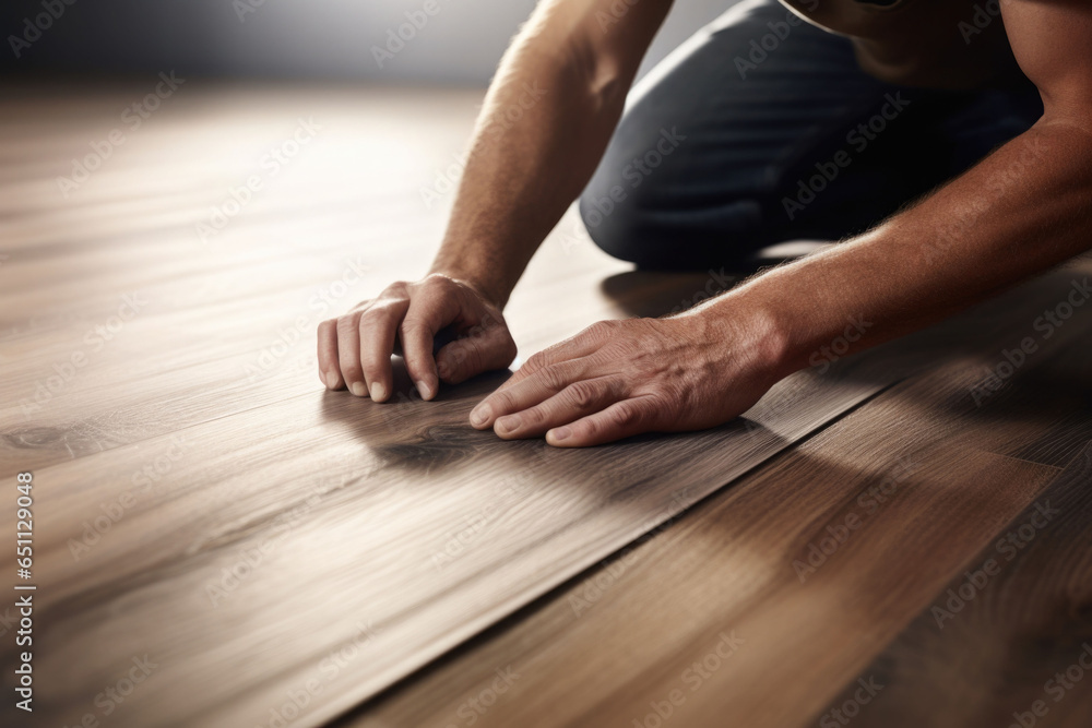 A worker's hands installing a new hardwood floor. Generative AI A worker's hands installing a new hardwood floor. Generative AI