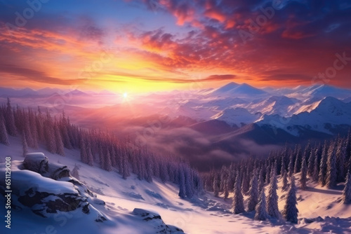 Amazing morning winter landscape with mountains. Generative AI © barmaleeva