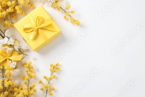 Yellow gifts boxes on white background with flowers and branches. Generative AI