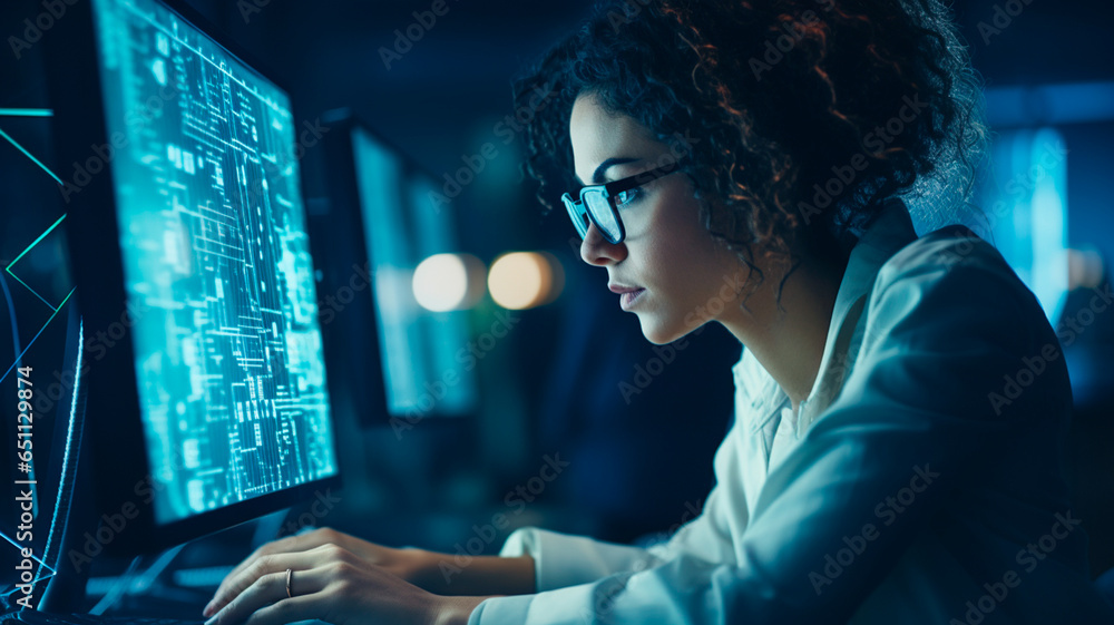 Woman wearing glasses working with glowing computer - obrazy, fototapety, plakaty 