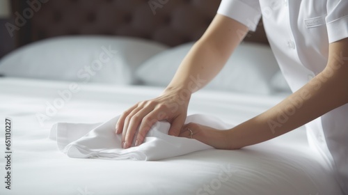 Professional chambermaid in uniform making bed in hotel room