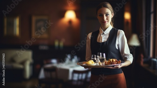 Waitress in uniform delivering tray with food in a room of hotel. Special service of VIP guests. photo