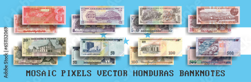 Vector set of mosaic pixel banknotes of Honduras. Collection of bills in denominations of 1, 2, 5, 10, 20, 50, 100 and 500 lempiras. Play money or flyers.