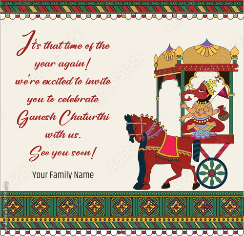 Invitation for Ganesha (Elephant God) festival in Indian language Marathi. Translation: you and your family are cordially invited to take the Blessings of Lord Shri Ganesha at my home.	