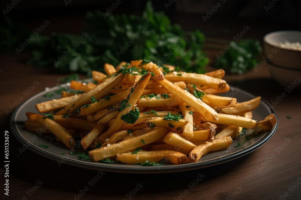 Plate of crispy seasoned french fries. Generative AI. Plate of crispy seasoned french fries. Generative AI.