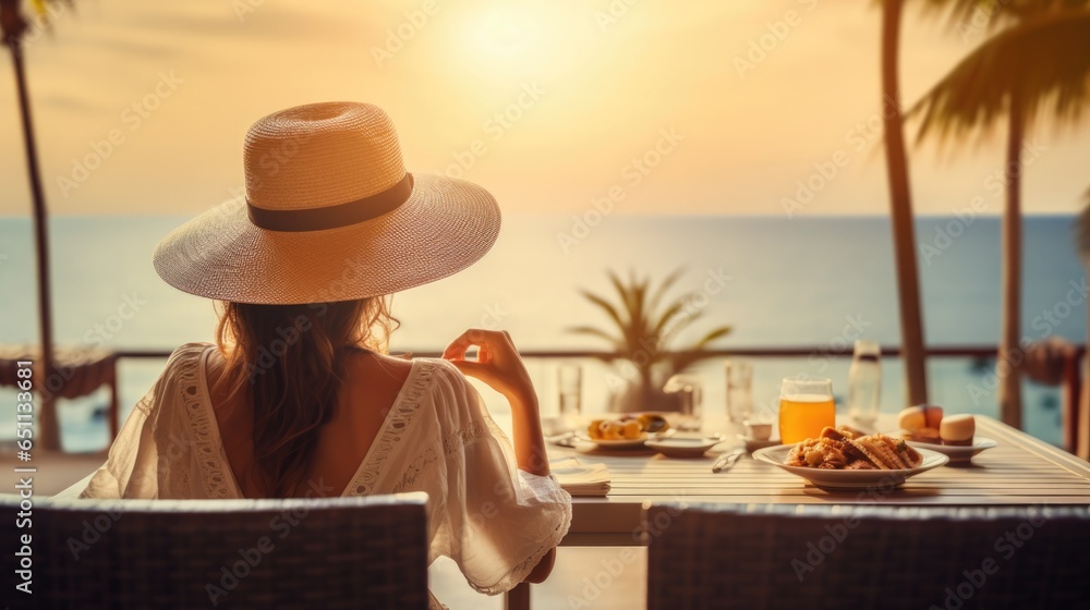 Young woman on summer vacation enjoying breakfast on a luxury hotel resort terrace overlooking the sea. - obrazy, fototapety, plakaty 