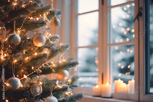 Beautiful Christmas tree and ormaments near window, Christmas background. photo