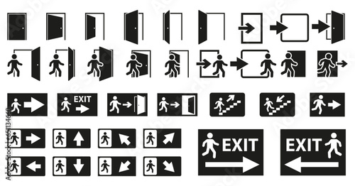 Exit icon set. Exit symbol.Emergency exit sign set. Evacuation symbol set.
