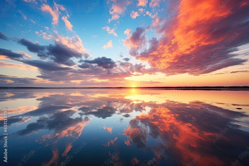 Sunset over the horizon with beautiful clouds and reflection in the water
