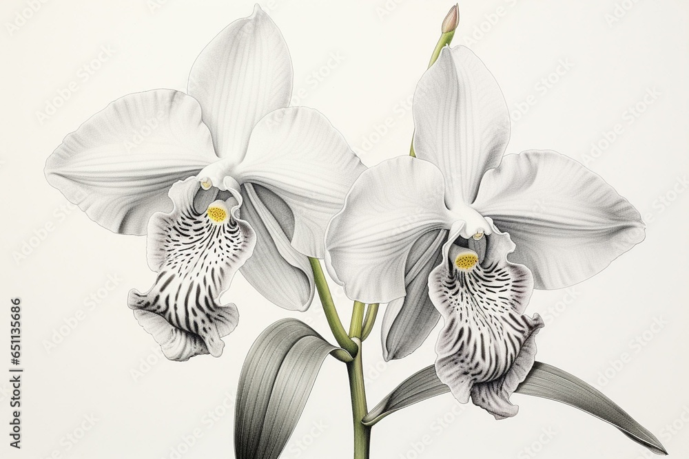 Classic drawing of two orchids: paphiopedilum venustum and cattleya skinneri. Generative AI - obrazy, fototapety, plakaty 