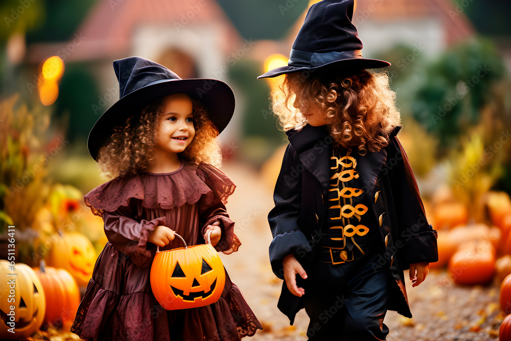 Dos niñas disfrazadas celebrando truco o trato en Halloween con ...