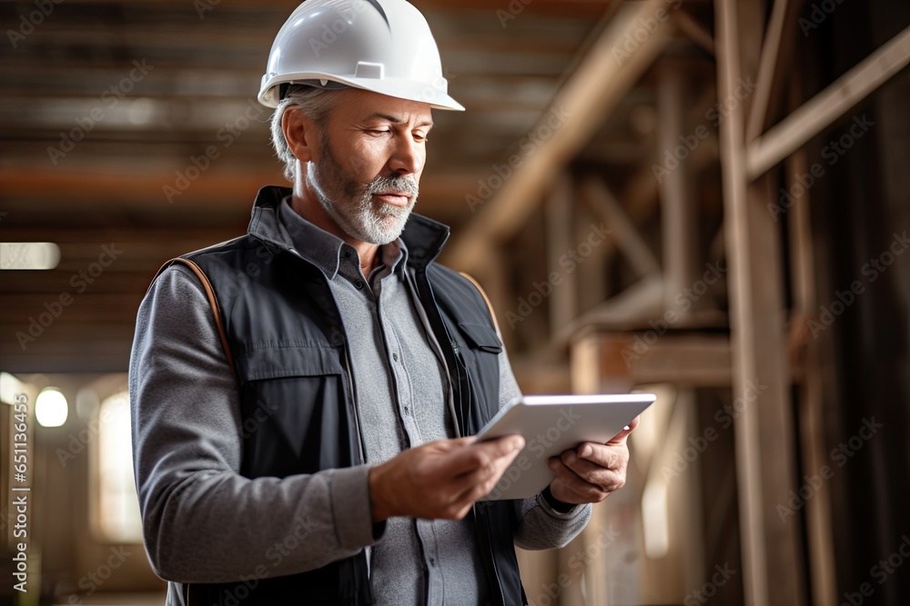 Photo of a middle aged Caucasian bearded engineer foreman on construction site with tablet computer. Photo of a middle aged Caucasian bearded engineer foreman on construction site with tablet computer.