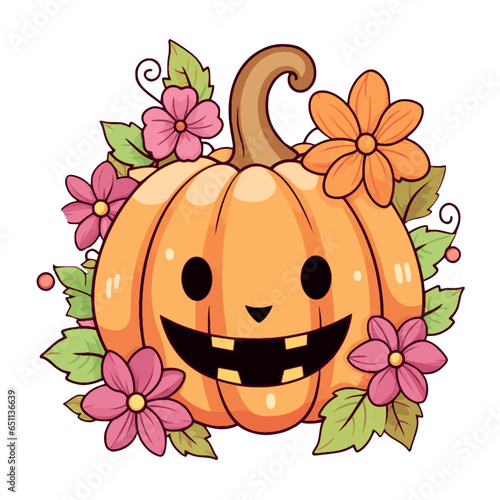 Vector clipart, halloween kawaii pumpkin with flowers