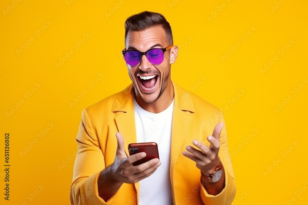 Surprised handsome man with a smartphone on a simple background. AI generative Surprised handsome man with a smartphone on a simple background. AI generative