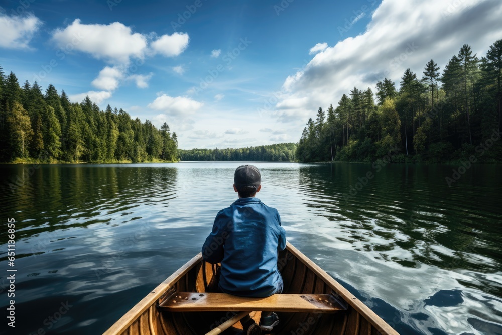 boy in a boat on peaceful lake outdoor adventure