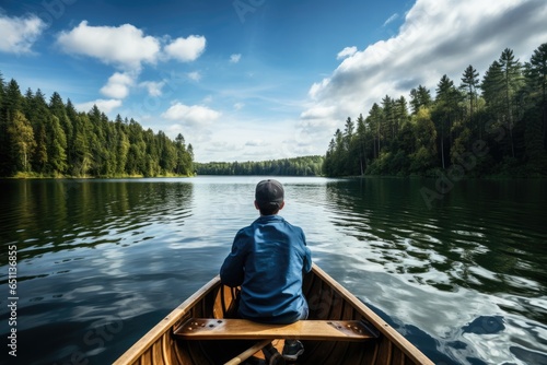 boy in a boat on peaceful lake outdoor adventure © krissikunterbunt